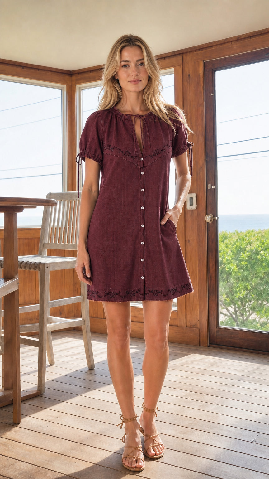 Model wearing Burgundy wine embroidered button-down shift dress