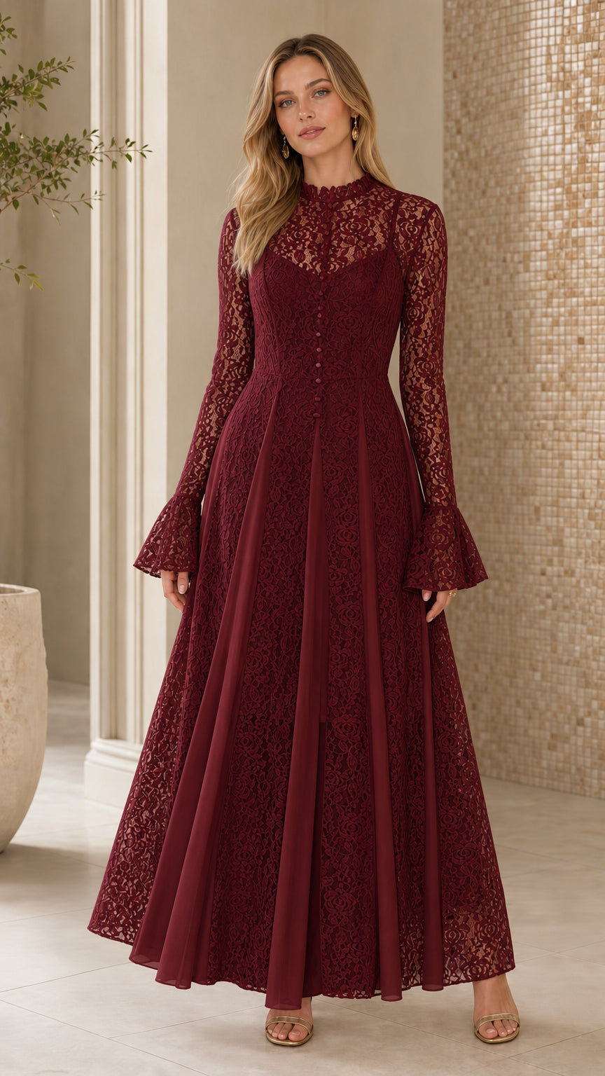 Full length view of burgundy lace long sleeve maxi dress