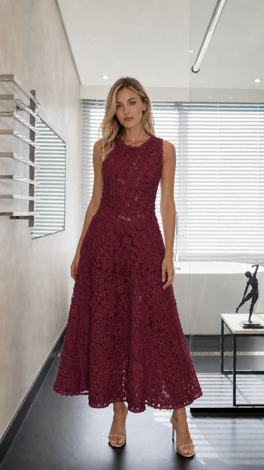 Burgundy wine red sleeveless 3D floral lace A-line maxi dress