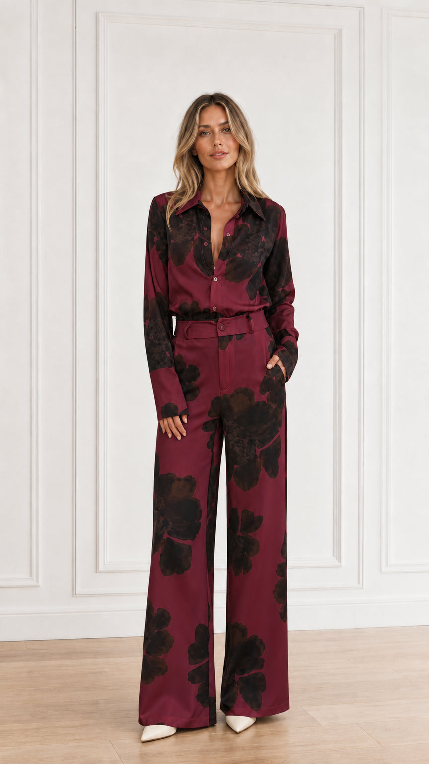 Full-length view of floral print two-piece shirt and pant set in burgundy