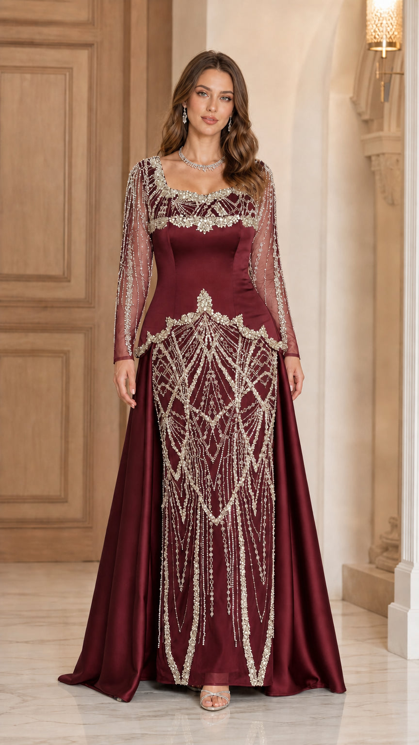 Burgundy wine red long sleeve formal gown with shimmering crystal draping