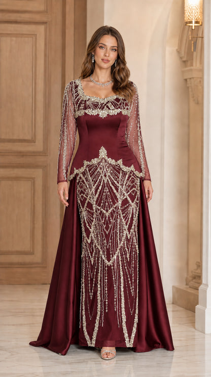 Burgundy wine red long sleeve formal gown with shimmering crystal draping