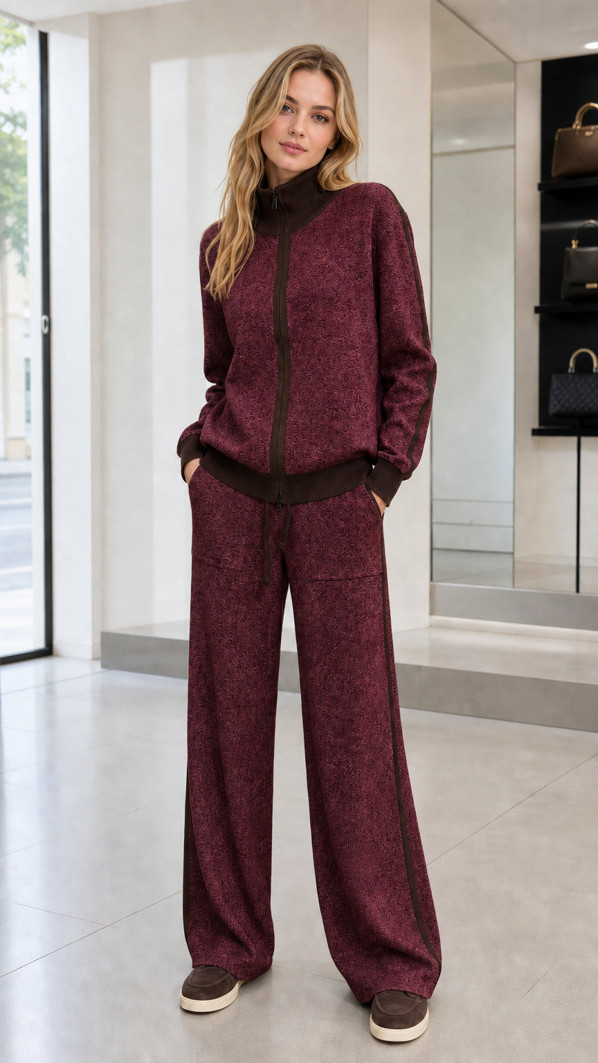 Full front view of woman wearing Burgundy wine knit zip jacket and wide-leg pants set