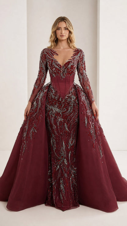 Beaded illusion evening gown in burgundy color variant