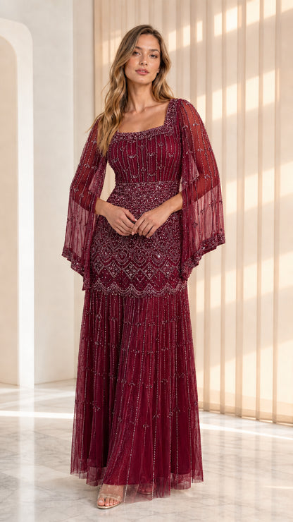 Burgundy wine red beaded cape sleeve formal maxi dress