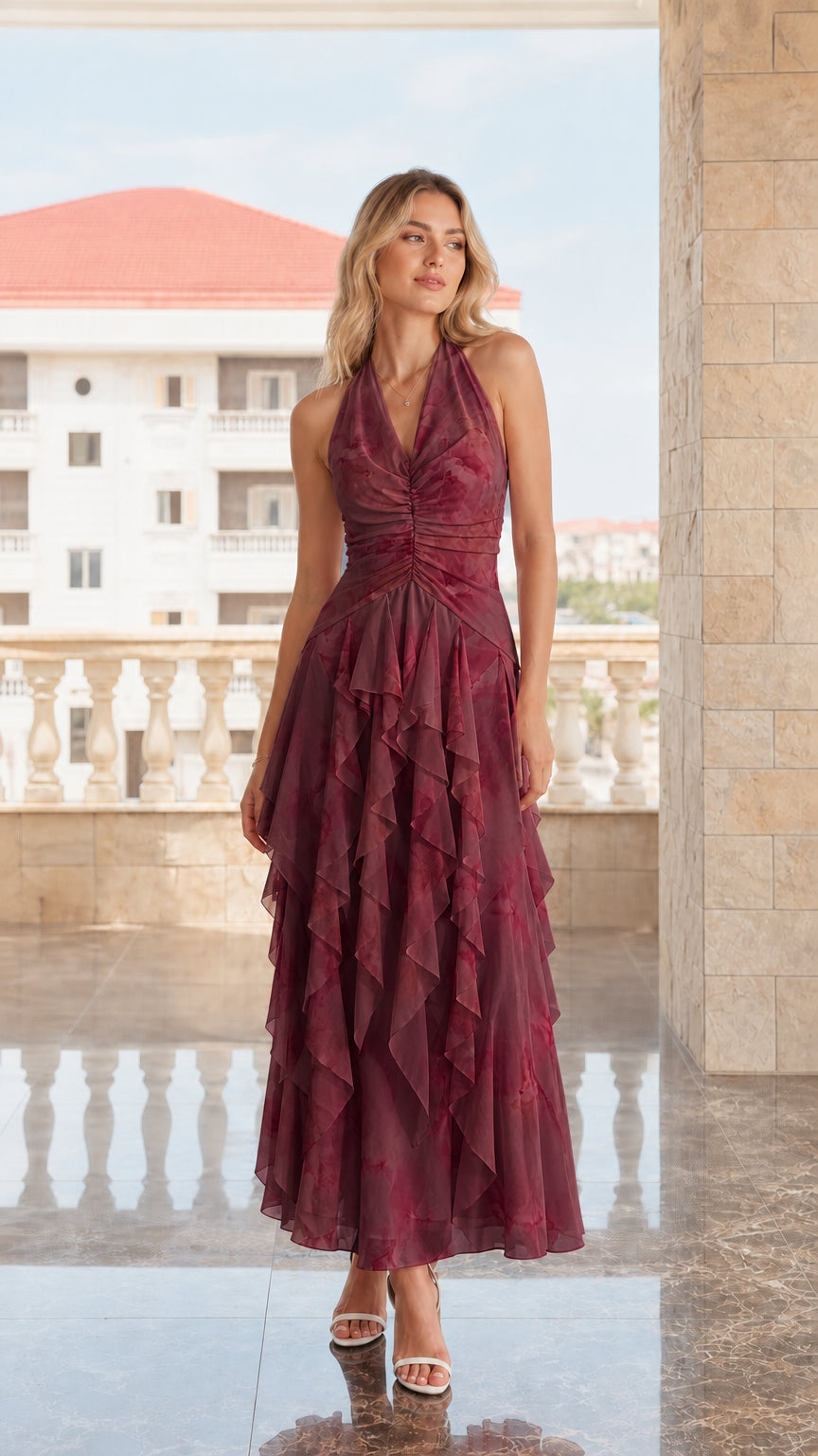 Model wearing the halter neck ruffled maxi dress in Burgundy Wine Red print