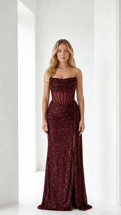 Front view of burgundy sequin corset evening gown