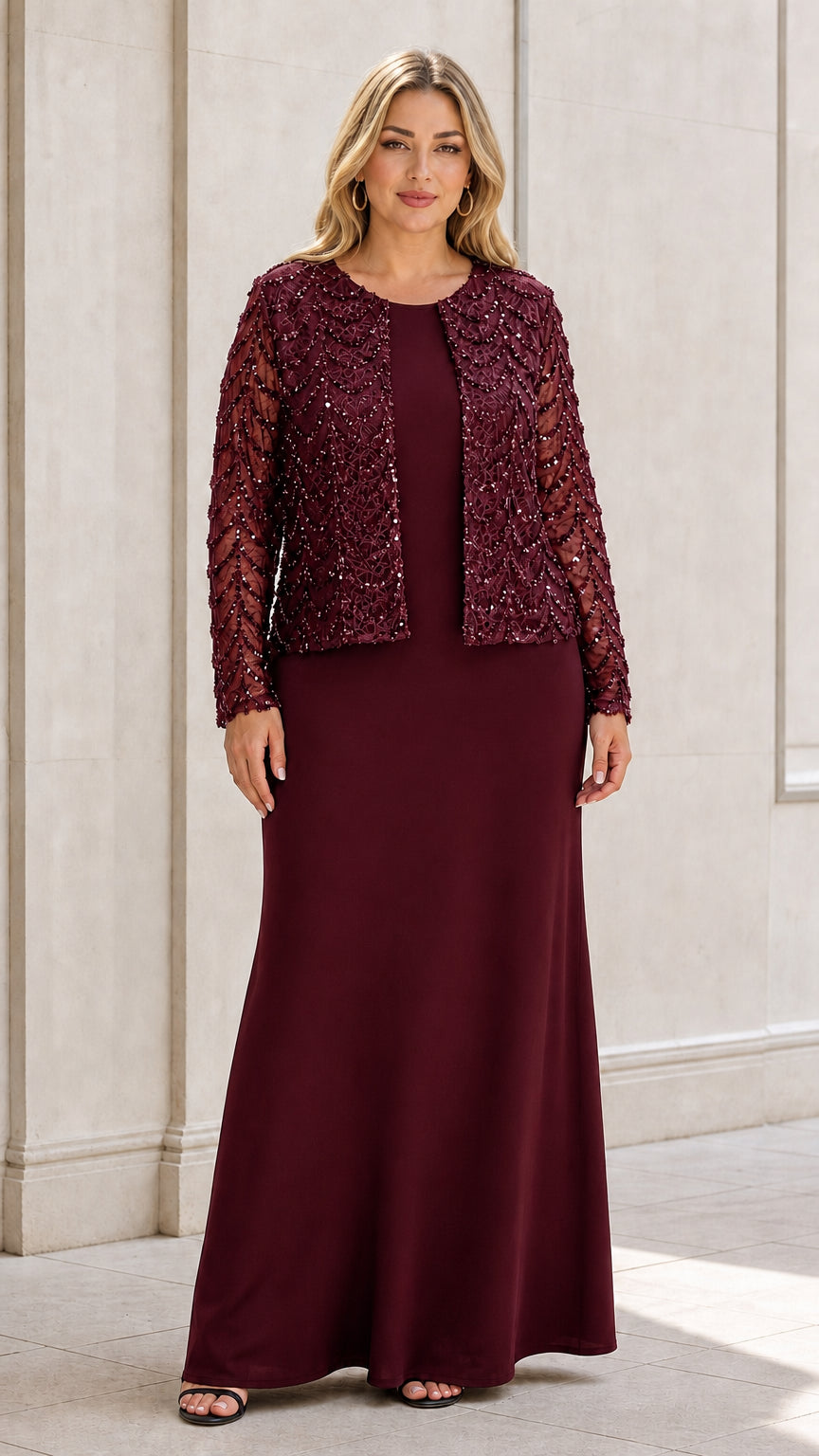 Burgundy wine two-piece formal gown with matching sequined jacket