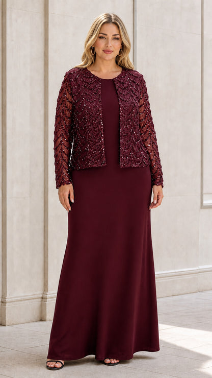 Burgundy wine two-piece formal gown with matching sequined jacket
