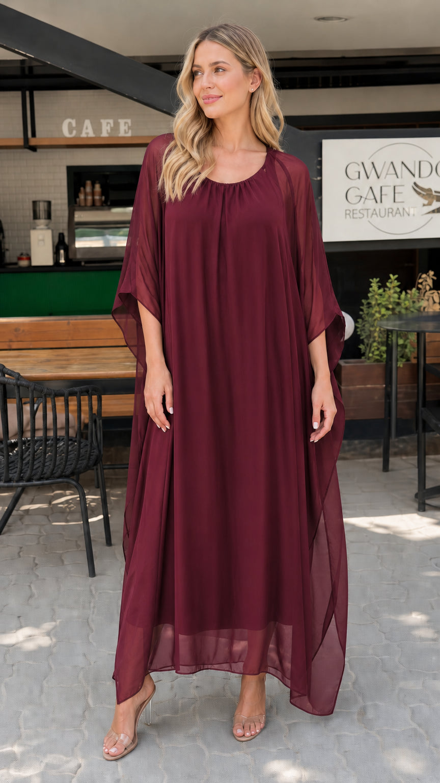 Model wearing burgundy wine chiffon kaftan maxi dress