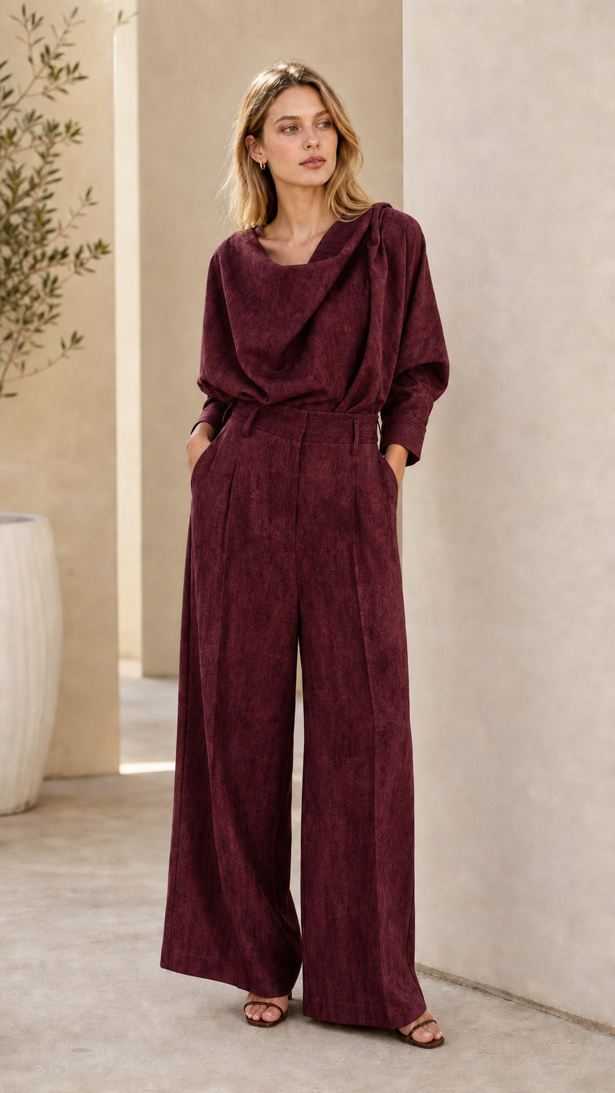 Burgundy wine cowl neck blouse and high waist wide leg pants set