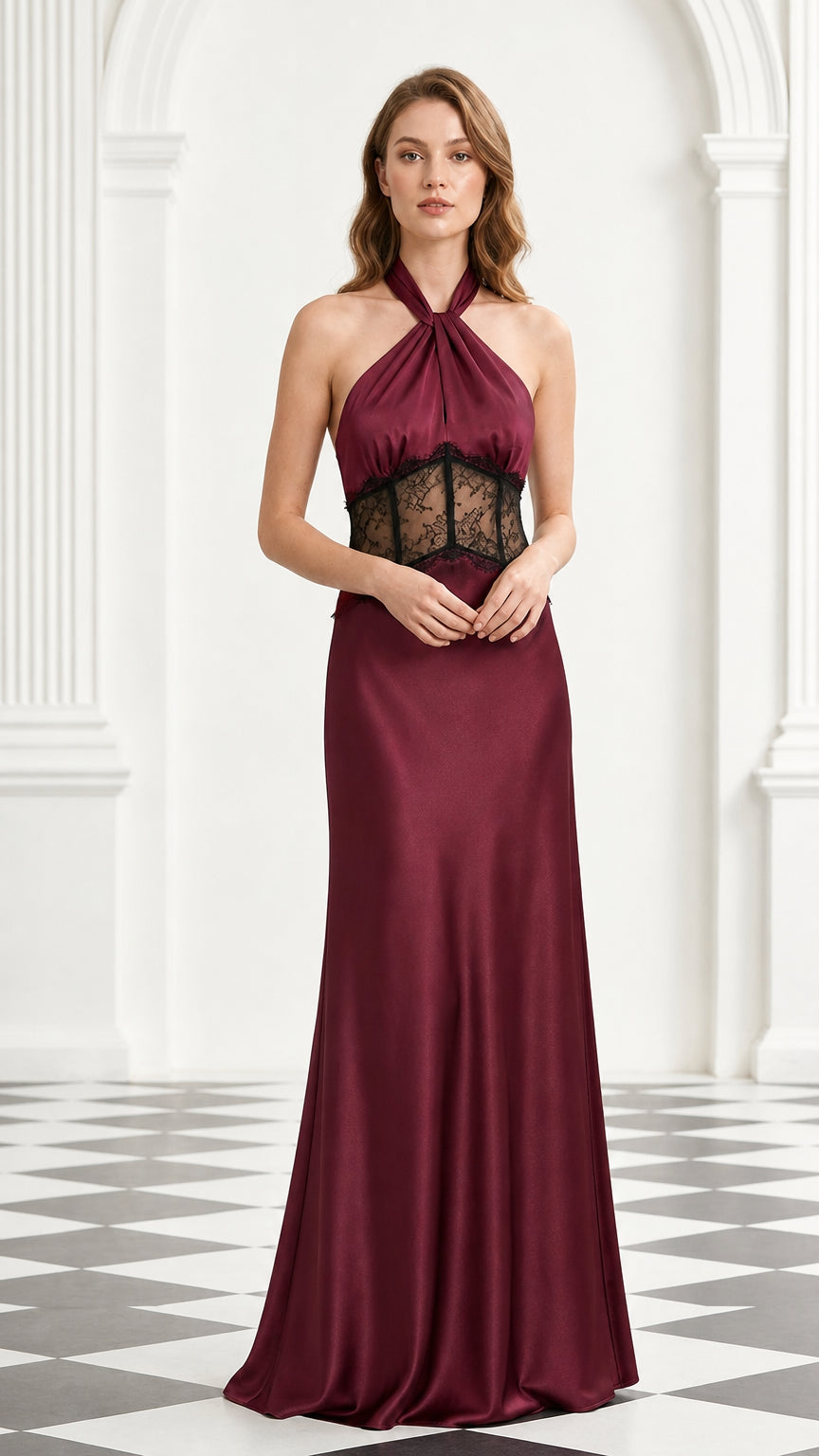 Burgundy wine satin evening maxi dress with black sheer lace corset panel