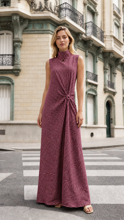 Full front view of model wearing burgundy gingham maxi dress