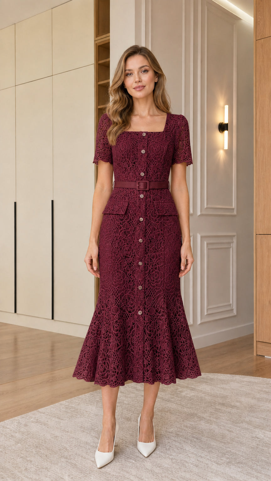 Front view of woman wearing burgundy square neck lace midi dress