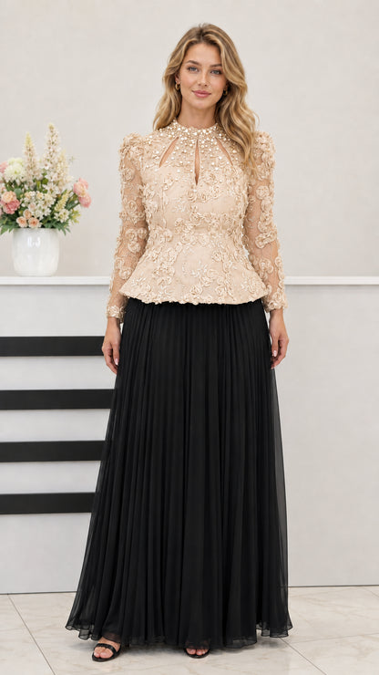 Champagne gold lace peplum bodice with black pleated maxi evening gown