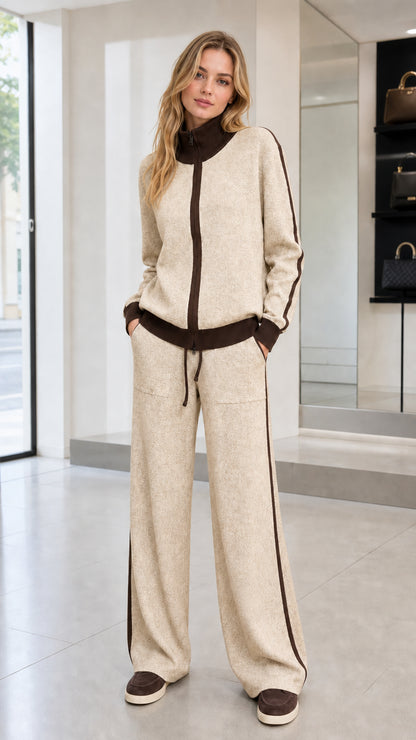 Full front view of woman wearing Beige oatmeal knit zip jacket and wide-leg pants set