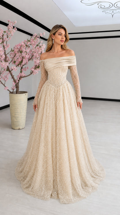 Champagne ivory off-the-shoulder beaded formal gown with glitter skirt
