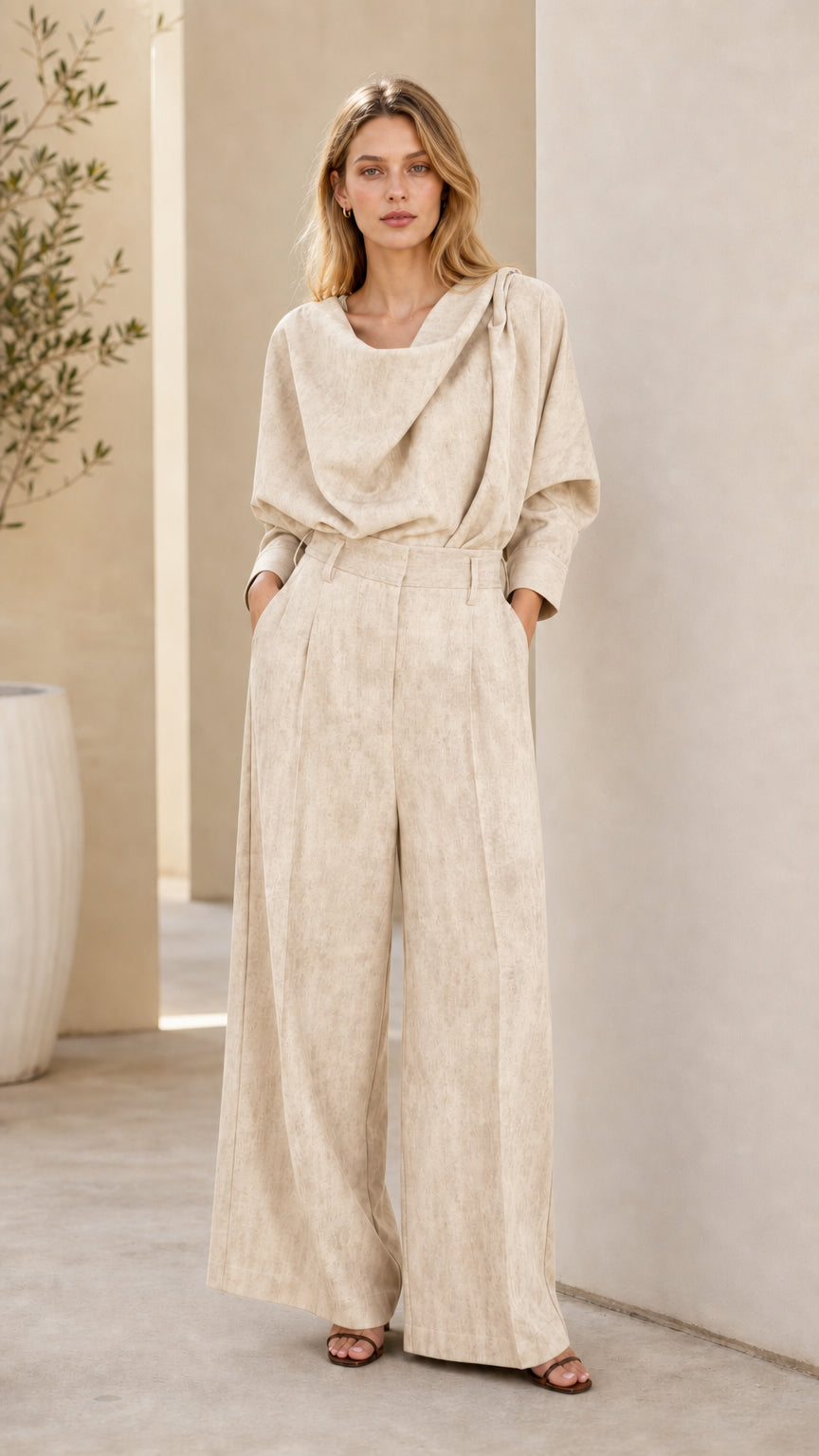 Beige cream draped cowl neck top and wide leg pant two-piece set