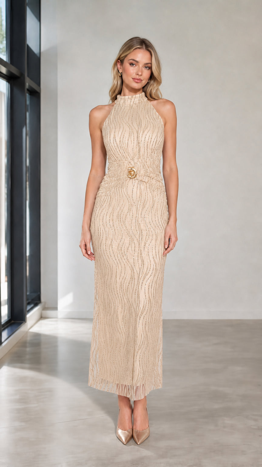 Front view of champagne halter neck maxi dress