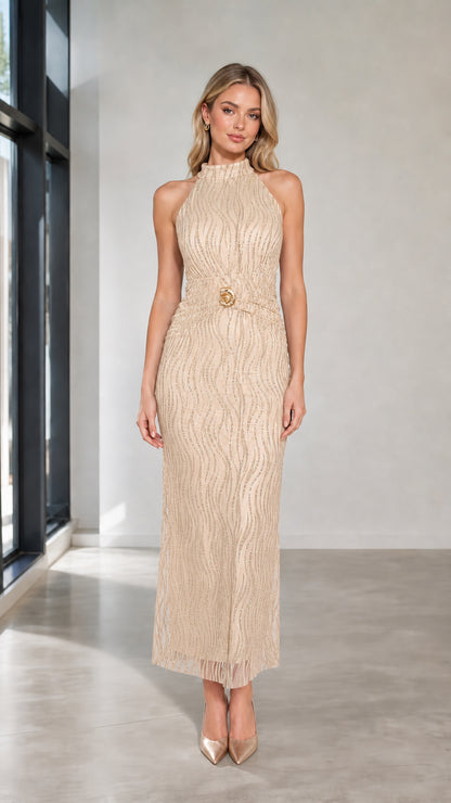 Front view of champagne halter neck maxi dress
