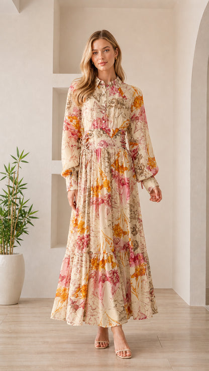 Woman wearing cream floral long sleeve maxi dress