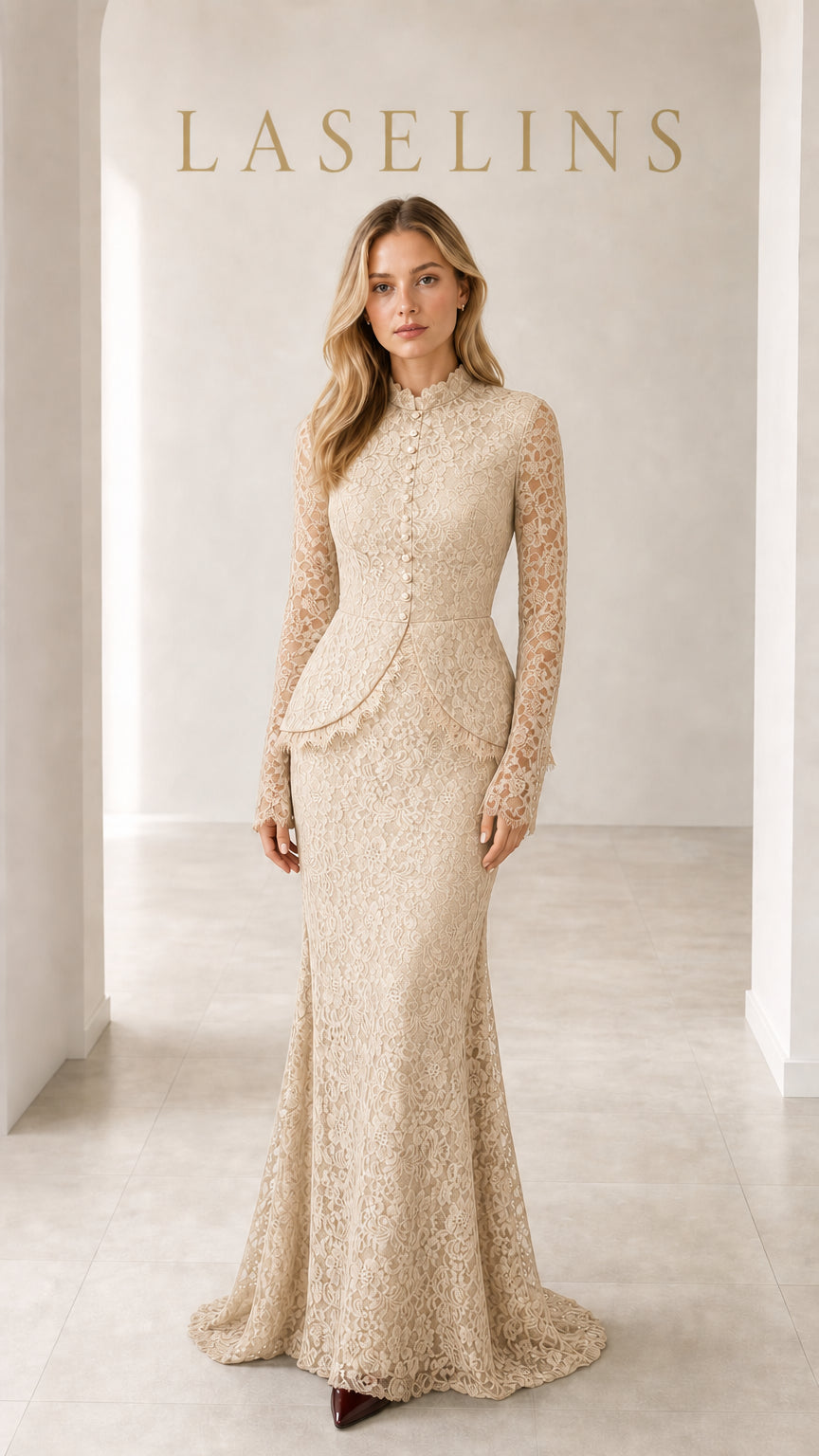 Model wearing champagne cream lace long sleeve peplum dress