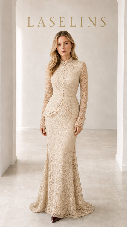 Model wearing champagne cream lace long sleeve peplum dress