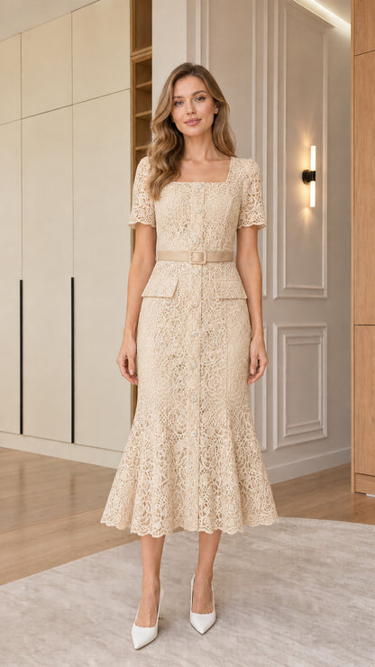 Front view of woman wearing beige cream square neck lace midi dress