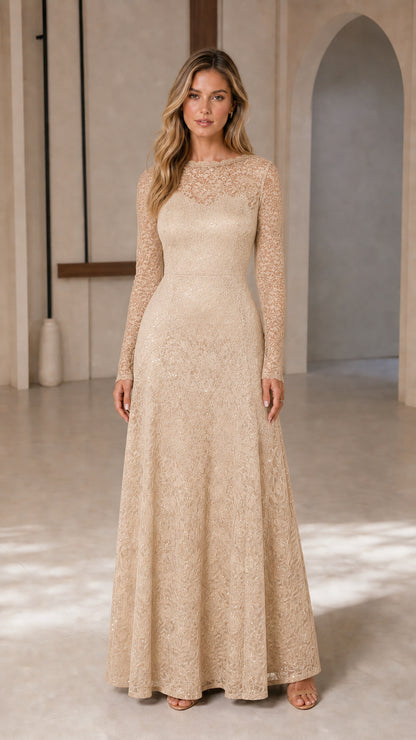 Front view of model wearing champagne long-sleeve lace gown