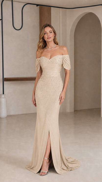 Full-length front view of champagne gold off-the-shoulder embellished evening gown