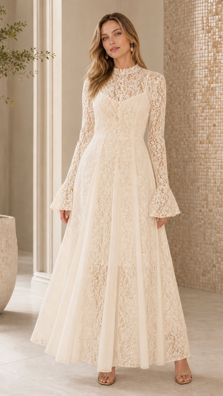 Full length view of champagne lace long sleeve maxi dress