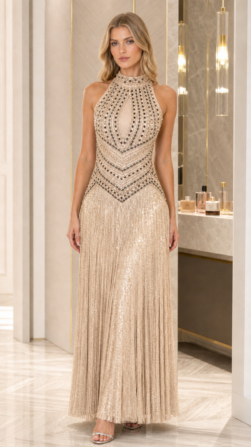 Champagne embellished halter fringe maxi evening gown