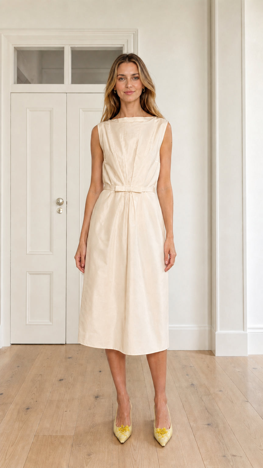 Front full view of woman wearing champagne beige sleeveless boatneck pleated midi dress