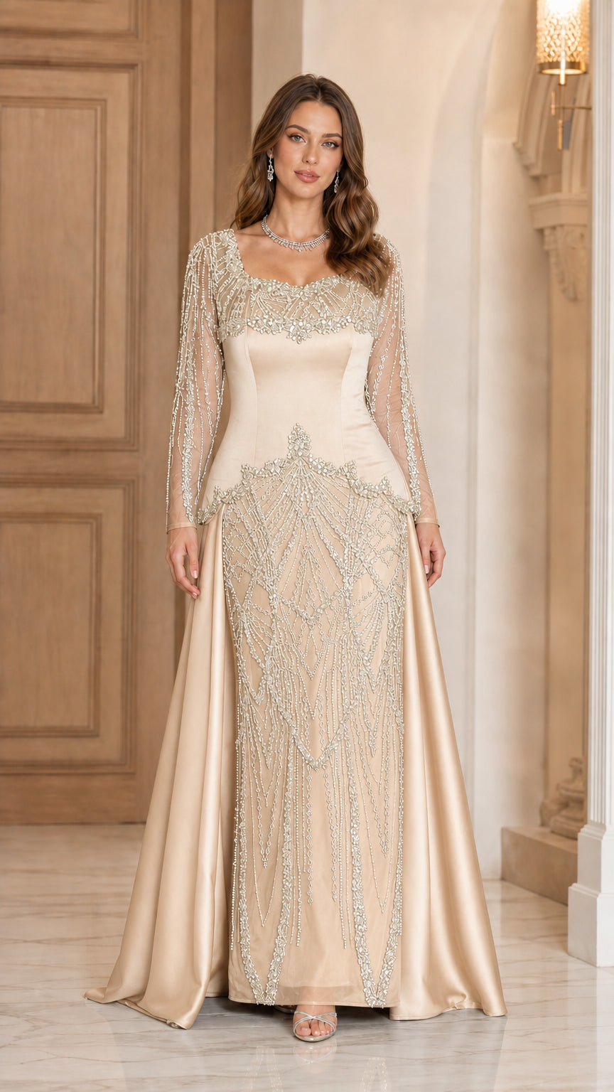 Champagne gold floor-length evening gown with ornate beading and sheer sleeves