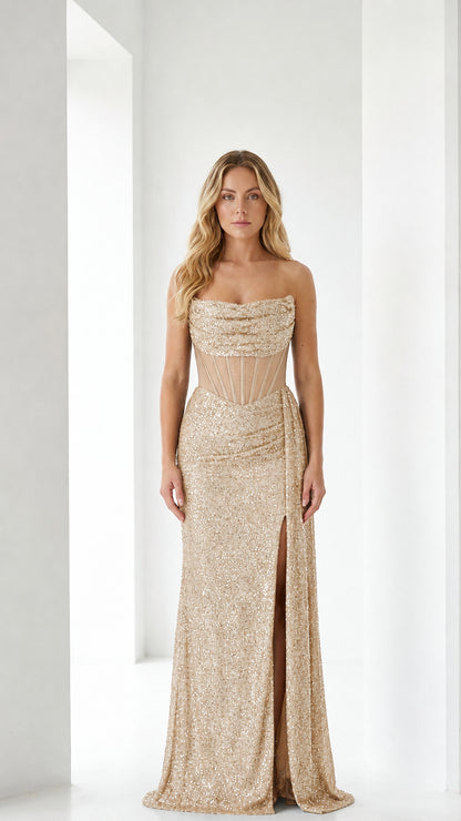 Front view of champagne sequin corset evening gown