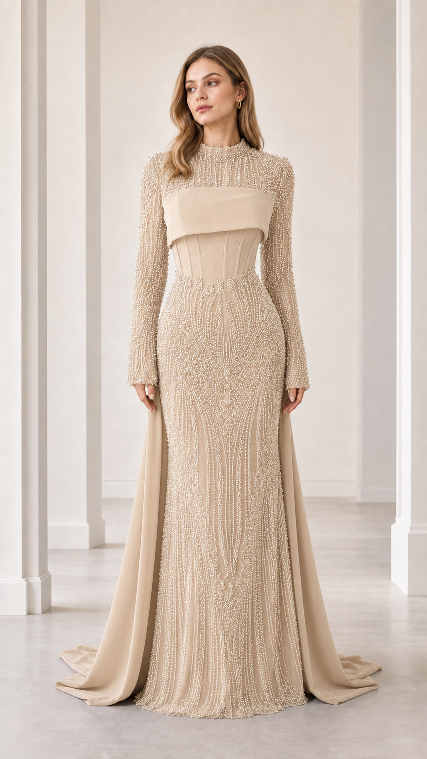 Champagne beige beaded long sleeve formal gown with sweeping side train