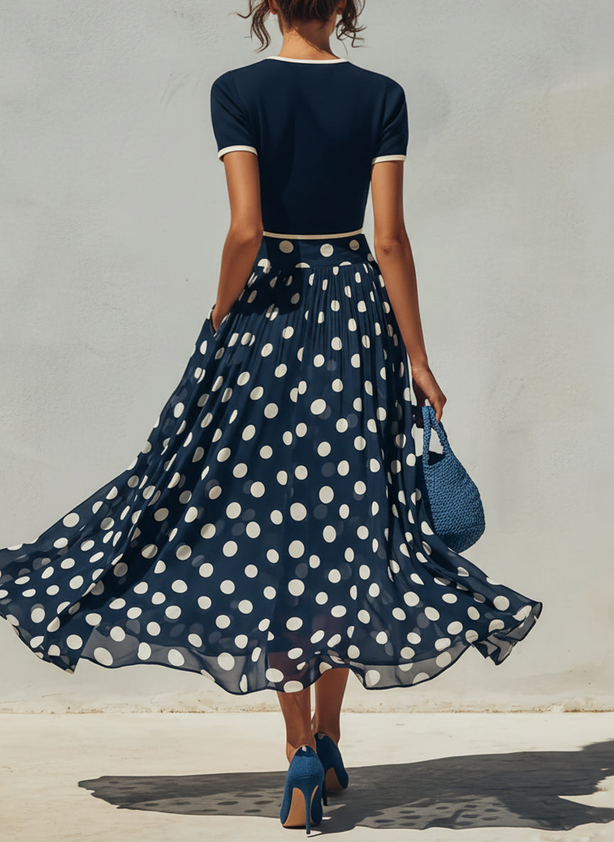 Navy Knit Top And Polka Dot Chiffon Skirt Set