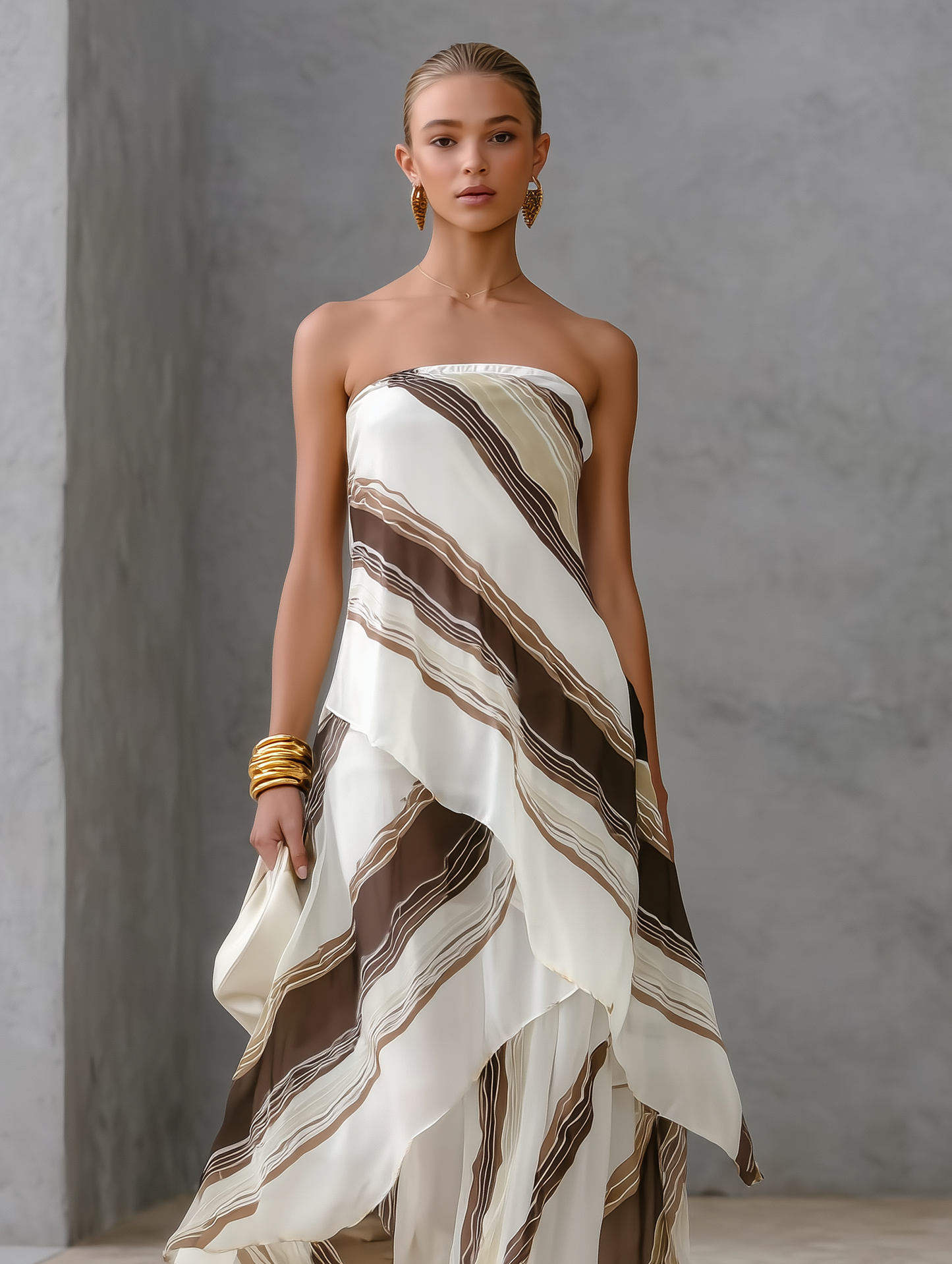 Women's Casual White And Brown Striped Chiffon Strapless Sleeveless Maxi Dress MDZ2046E1LXY