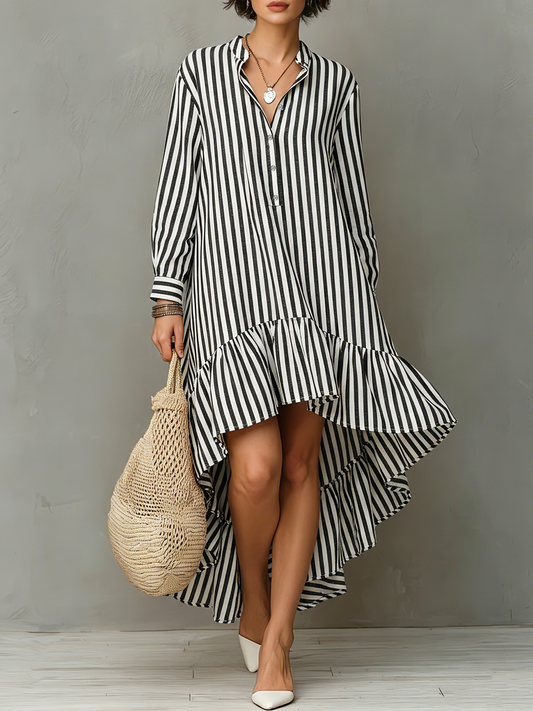 Women's Minimalist Cotton-Blend Long-Sleeve Henley Midi Dress (High-Low Hem) MDZ1697F4WY