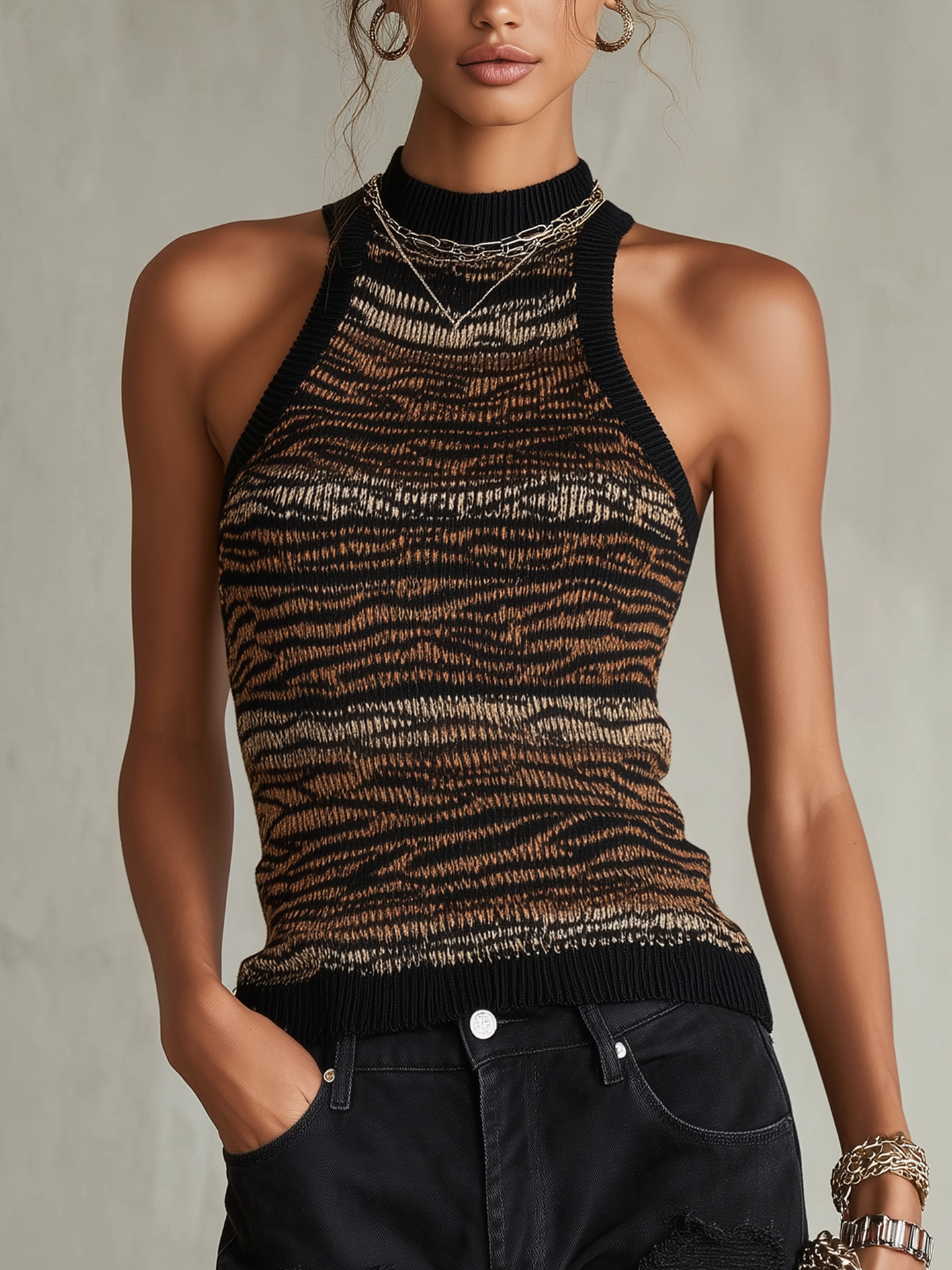 Zebra Print Multicolor Knit Sleeveless Halter Top