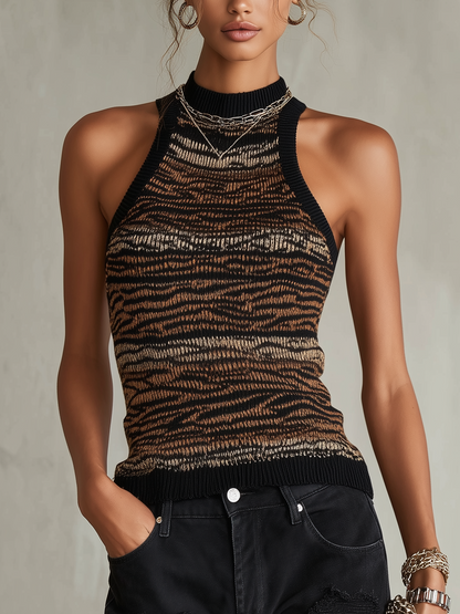 Zebra Print Multicolor Knit Sleeveless Halter Top