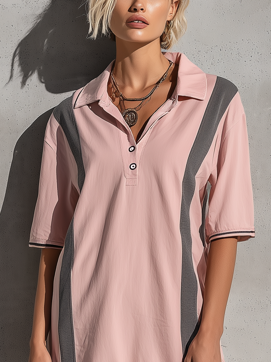 Women’s Dusty Pink Color Block Stripe Polo Collar Half Button Short Sleeve High Low Ruffle Hem Mini Dress MDZ1712F7T