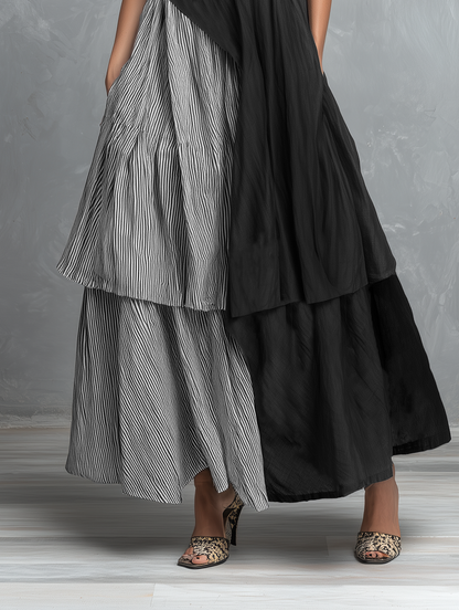 Women's Linen-Blend Striped Color-Block Short-Sleeve Maxi Dress MDZ1840F2WY