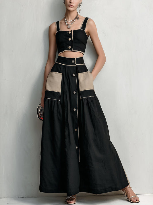 Black Contrast Patch Pocket Button-Up Crop Top & Maxi Skirt Set