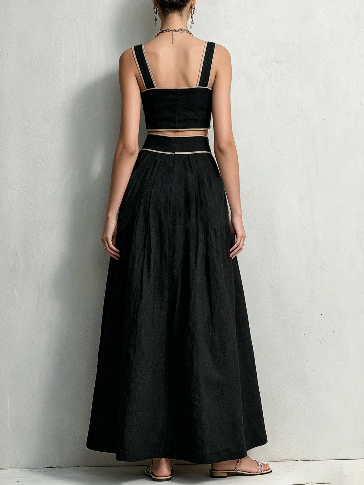 Black Contrast Patch Pocket Button-Up Crop Top & Maxi Skirt Set