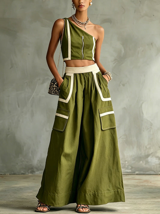 Olive Green One-Shoulder Zip Front Crop Top & Wide-Leg Pocket Pants Set