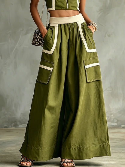 Olive Green One-Shoulder Zip Front Crop Top & Wide-Leg Pocket Pants Set