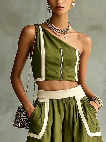 Olive Green One-Shoulder Zip Front Crop Top & Wide-Leg Pocket Pants Set