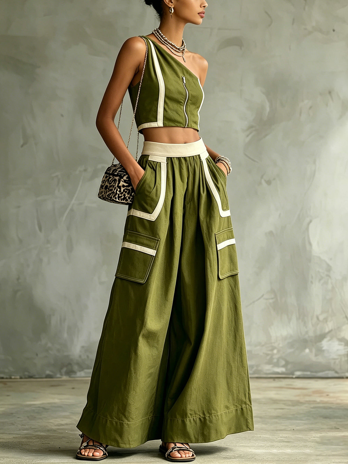 Olive Green One-Shoulder Zip Front Crop Top & Wide-Leg Pocket Pants Set
