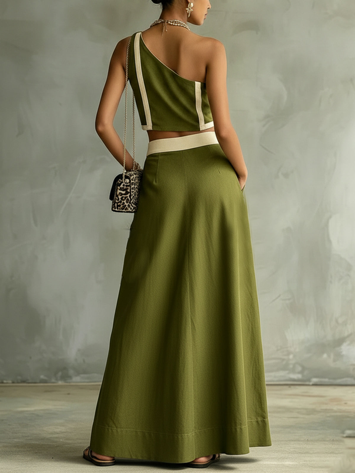Olive Green One-Shoulder Zip Front Crop Top & Wide-Leg Pocket Pants Set